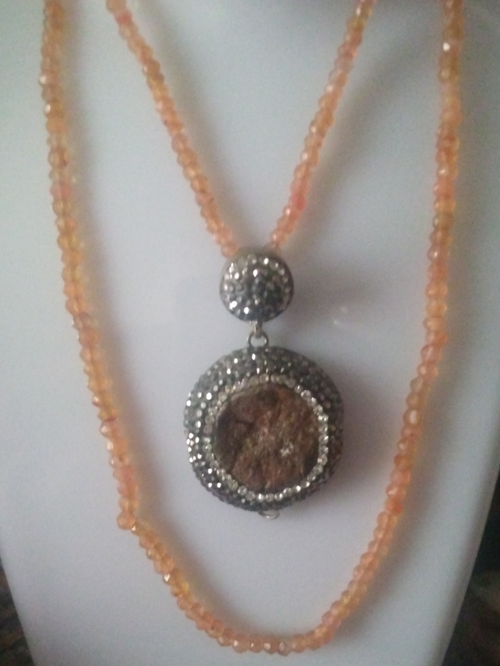 Orange Beaded Pendant Necklace with Decorative Silver-Tone Accent